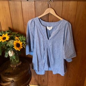 Pomander blue linen cotton blend peasant boho cottage core blouse/top